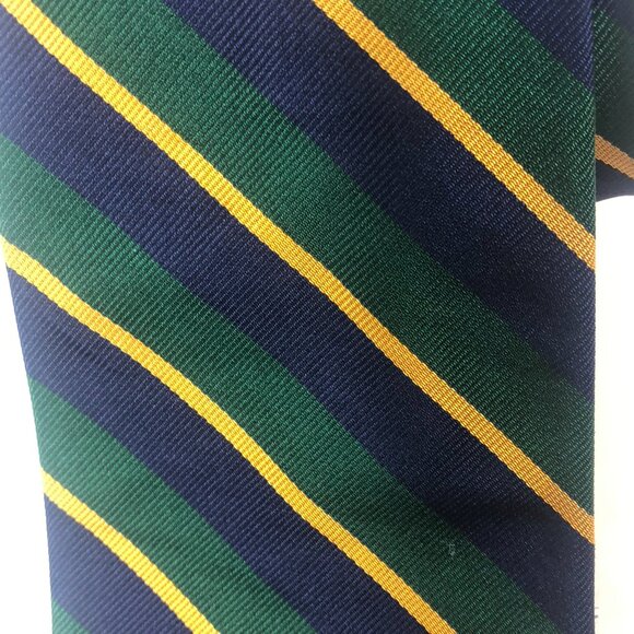 Vintage Huntington Stripe Tie Pure Silk Navy Blue Green Gold Made in USA Rep Tie - Picture 2 of 5